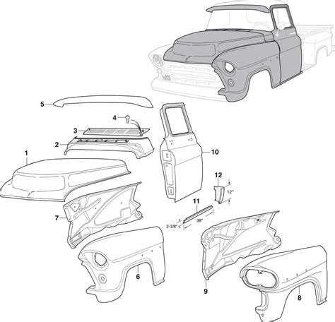 1955 gmc series sheet metal 100 150 250 diagram|Front Body Steel .